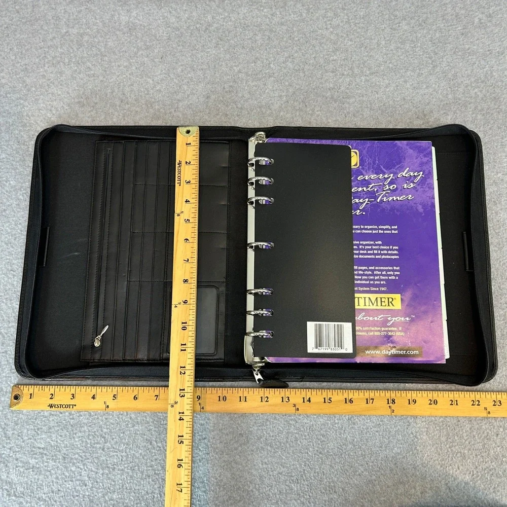 Day-Timer Planner Folio Black Leather 7-Ring Zippered Organizer Professional